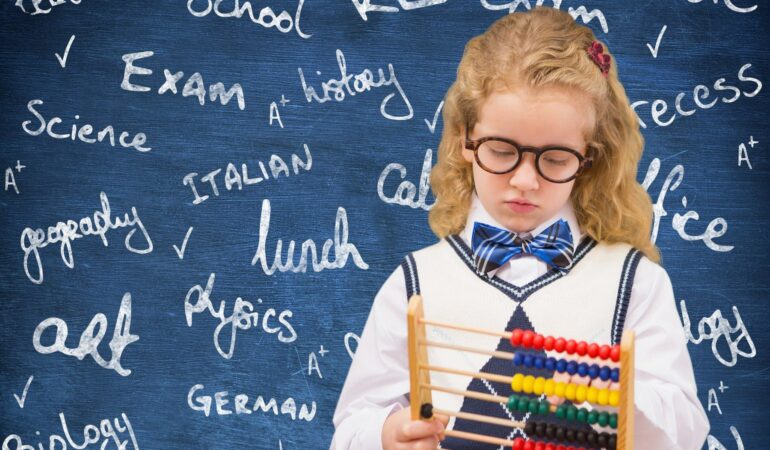 Digital composite image of schoolgirl holding abacus